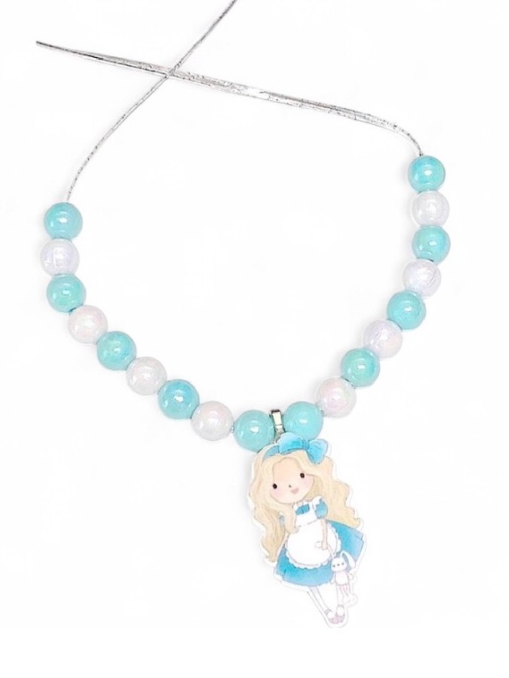 Handmade Alice in Wonderland Necklace Blue White Adjustable Bead Storybook Charm